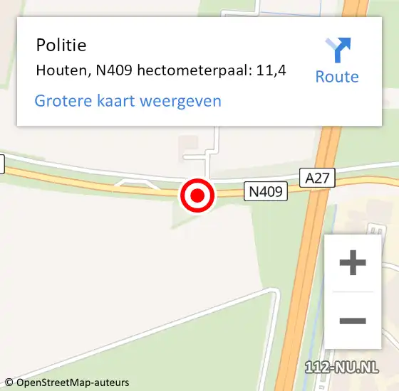 Locatie op kaart van de 112 melding: Politie Houten, N409 hectometerpaal: 11,4 op 17 november 2022 15:29