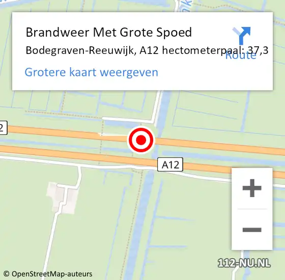 Locatie op kaart van de 112 melding: Brandweer Met Grote Spoed Naar Bodegraven-Reeuwijk, A12 hectometerpaal: 37,3 op 17 november 2022 16:01