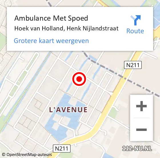 Locatie op kaart van de 112 melding: Ambulance Met Spoed Naar Hoek van Holland, Henk Nijlandstraat op 17 november 2022 16:07