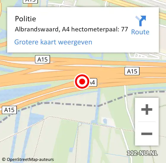 Locatie op kaart van de 112 melding: Politie Albrandswaard, A4 hectometerpaal: 77 op 17 november 2022 16:59