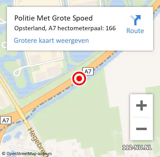 Locatie op kaart van de 112 melding: Politie Met Grote Spoed Naar Opsterland, A7 hectometerpaal: 166 op 17 november 2022 17:25