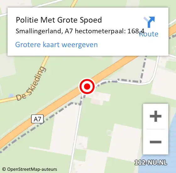 Locatie op kaart van de 112 melding: Politie Met Grote Spoed Naar Smallingerland, A7 hectometerpaal: 168,4 op 17 november 2022 17:25