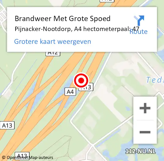 Locatie op kaart van de 112 melding: Brandweer Met Grote Spoed Naar Pijnacker-Nootdorp, A4 hectometerpaal: 47 op 17 november 2022 17:50
