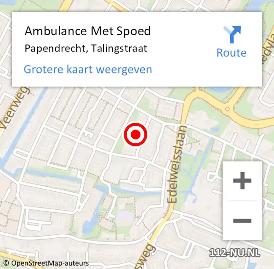 Locatie op kaart van de 112 melding: Ambulance Met Spoed Naar Papendrecht, Talingstraat op 17 november 2022 20:56