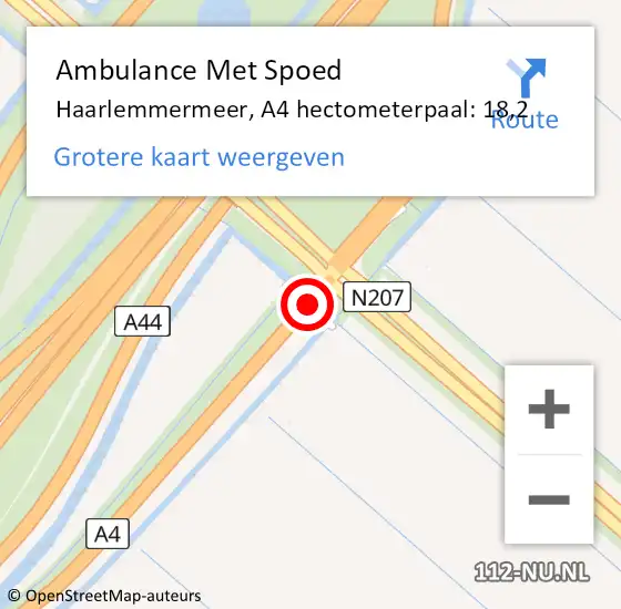 Locatie op kaart van de 112 melding: Ambulance Met Spoed Naar Haarlemmermeer, A4 hectometerpaal: 18,2 op 18 november 2022 05:00