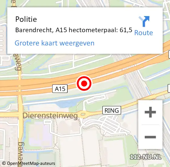 Locatie op kaart van de 112 melding: Politie Barendrecht, A15 hectometerpaal: 61,5 op 18 november 2022 11:43