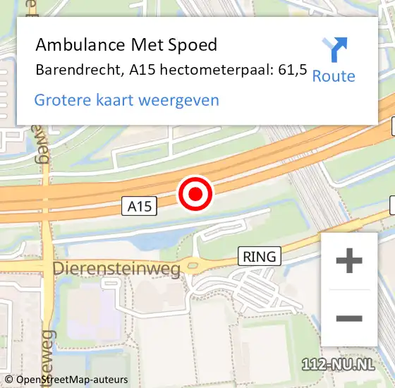 Locatie op kaart van de 112 melding: Ambulance Met Spoed Naar Barendrecht, A15 hectometerpaal: 61,5 op 18 november 2022 11:44