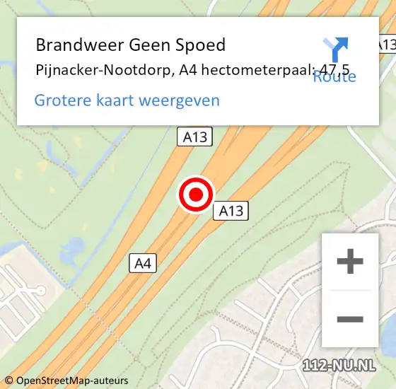Locatie op kaart van de 112 melding: Brandweer Geen Spoed Naar Pijnacker-Nootdorp, A4 hectometerpaal: 47,5 op 18 november 2022 12:14