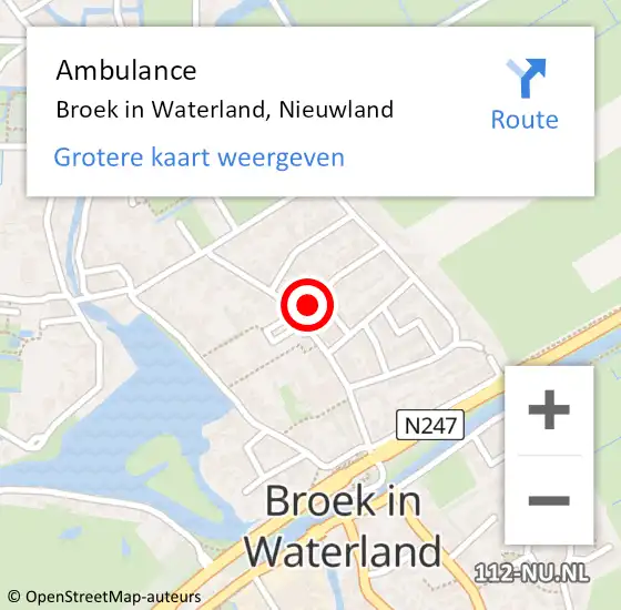 Locatie op kaart van de 112 melding: Ambulance Broek in Waterland, Nieuwland op 18 november 2022 12:45