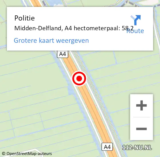 Locatie op kaart van de 112 melding: Politie Midden-Delfland, A4 hectometerpaal: 58,2 op 18 november 2022 12:48