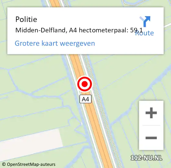 Locatie op kaart van de 112 melding: Politie Midden-Delfland, A4 hectometerpaal: 59,1 op 18 november 2022 15:54