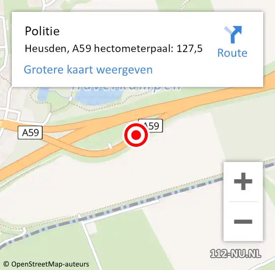 Locatie op kaart van de 112 melding: Politie Heusden, A59 hectometerpaal: 127,5 op 18 november 2022 18:13