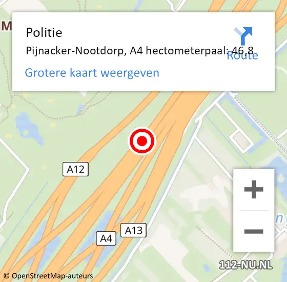 Locatie op kaart van de 112 melding: Politie Pijnacker-Nootdorp, A4 hectometerpaal: 46,8 op 18 november 2022 19:05