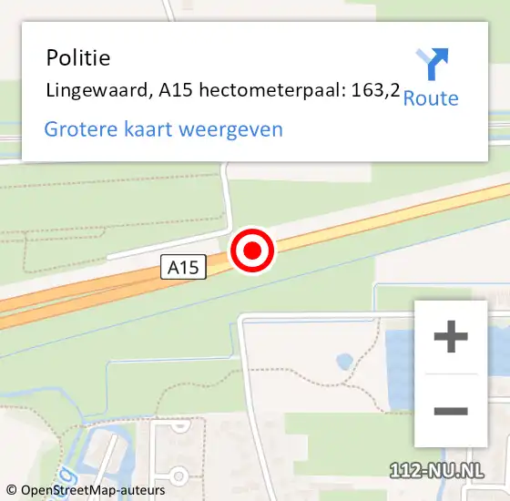 Locatie op kaart van de 112 melding: Politie Lingewaard, A15 hectometerpaal: 163,2 op 18 november 2022 21:18