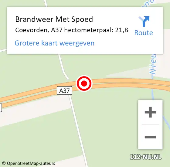 Locatie op kaart van de 112 melding: Brandweer Met Spoed Naar Coevorden, A37 hectometerpaal: 21,8 op 19 november 2022 03:08