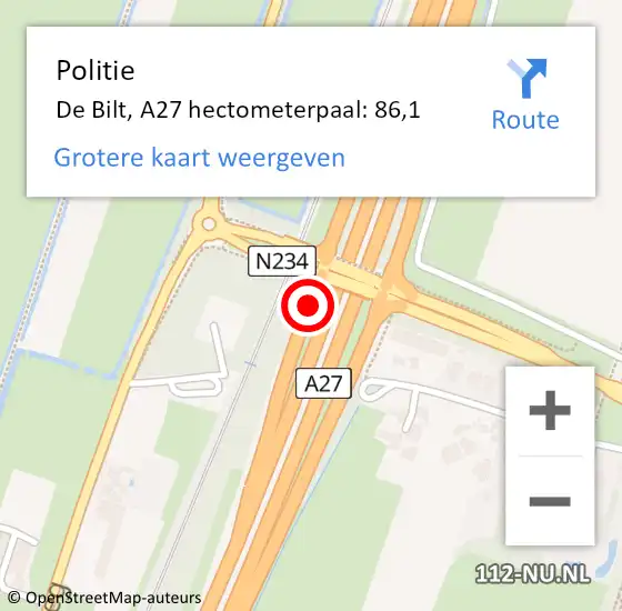 Locatie op kaart van de 112 melding: Politie De Bilt, A27 hectometerpaal: 86,1 op 19 november 2022 06:27