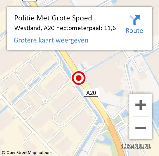 Locatie op kaart van de 112 melding: Politie Met Grote Spoed Naar Westland, A20 hectometerpaal: 11,6 op 19 november 2022 06:54