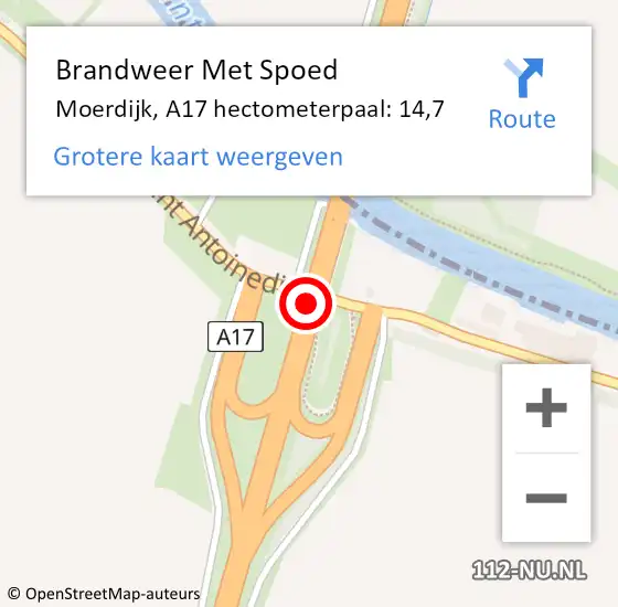 Locatie op kaart van de 112 melding: Brandweer Met Spoed Naar Moerdijk, A17 hectometerpaal: 14,7 op 19 november 2022 12:05