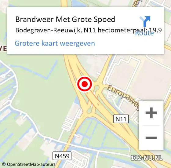 Locatie op kaart van de 112 melding: Brandweer Met Grote Spoed Naar Bodegraven-Reeuwijk, N11 hectometerpaal: 19,9 op 19 november 2022 12:54