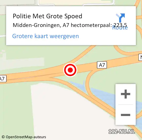 Locatie op kaart van de 112 melding: Politie Met Grote Spoed Naar Midden-Groningen, A7 hectometerpaal: 223,5 op 19 november 2022 13:06