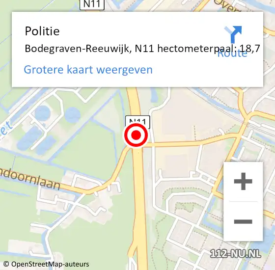 Locatie op kaart van de 112 melding: Politie Bodegraven-Reeuwijk, N11 hectometerpaal: 18,7 op 19 november 2022 14:38