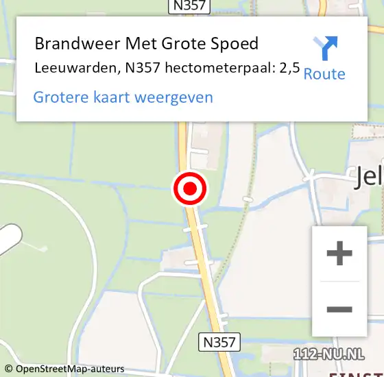 Locatie op kaart van de 112 melding: Brandweer Met Grote Spoed Naar Leeuwarden, N357 hectometerpaal: 2,5 op 19 november 2022 14:51