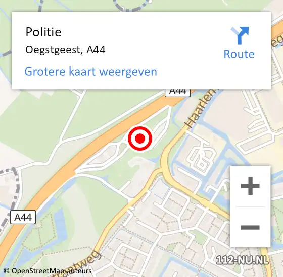 Locatie op kaart van de 112 melding: Politie Oegstgeest, A44 op 19 november 2022 16:18