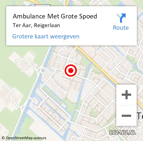 Locatie op kaart van de 112 melding: Ambulance Met Grote Spoed Naar Ter Aar, Reigerlaan op 19 november 2022 17:03