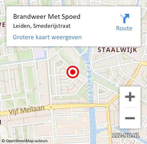 Locatie op kaart van de 112 melding: Brandweer Met Spoed Naar Leiden, Smederijstraat op 19 november 2022 18:38