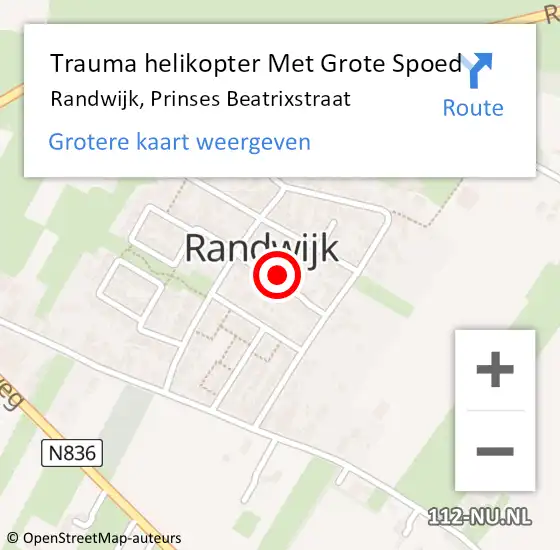 Locatie op kaart van de 112 melding: Trauma helikopter Met Grote Spoed Naar Randwijk, Prinses Beatrixstraat op 19 november 2022 18:39