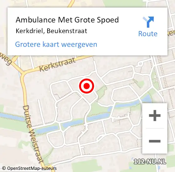 Locatie op kaart van de 112 melding: Ambulance Met Grote Spoed Naar Kerkdriel, Beukenstraat op 19 november 2022 20:43