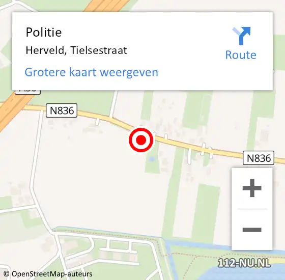 Locatie op kaart van de 112 melding: Politie Herveld, Tielsestraat op 19 november 2022 22:19
