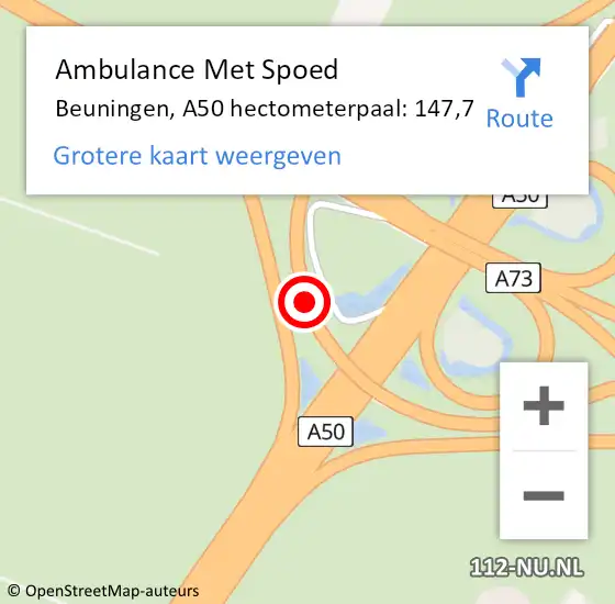Locatie op kaart van de 112 melding: Ambulance Met Spoed Naar Beuningen, A50 hectometerpaal: 147,7 op 19 november 2022 22:30
