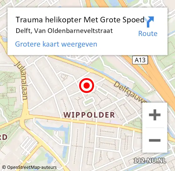 Locatie op kaart van de 112 melding: Trauma helikopter Met Grote Spoed Naar Delft, Van Oldenbarneveltstraat op 20 november 2022 00:45