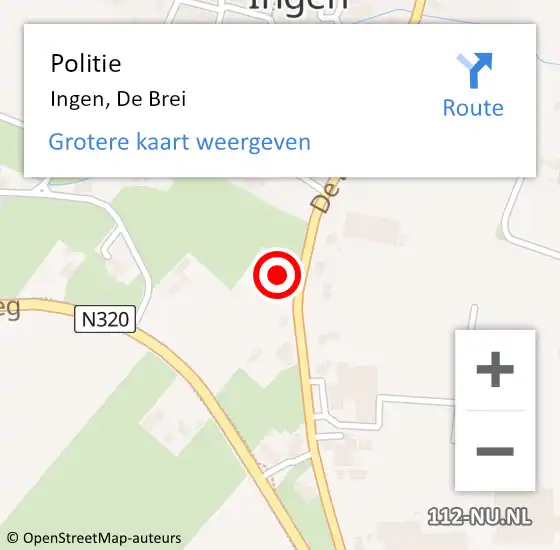 Locatie op kaart van de 112 melding: Politie Ingen, De Brei op 20 november 2022 02:06