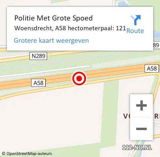 Locatie op kaart van de 112 melding: Politie Met Grote Spoed Naar Woensdrecht, A58 hectometerpaal: 121 op 20 november 2022 06:16