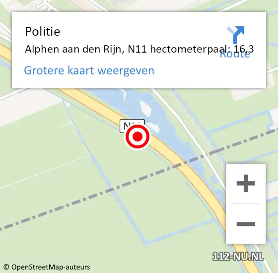 Locatie op kaart van de 112 melding: Politie Alphen aan den Rijn, N11 hectometerpaal: 16,3 op 20 november 2022 09:09