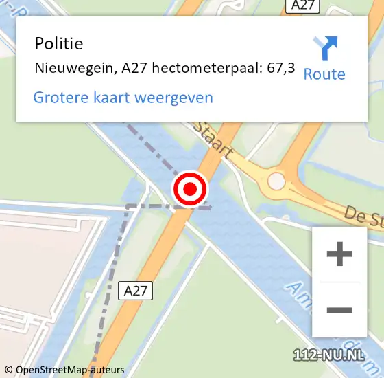 Locatie op kaart van de 112 melding: Politie Nieuwegein, A27 hectometerpaal: 67,3 op 20 november 2022 09:44