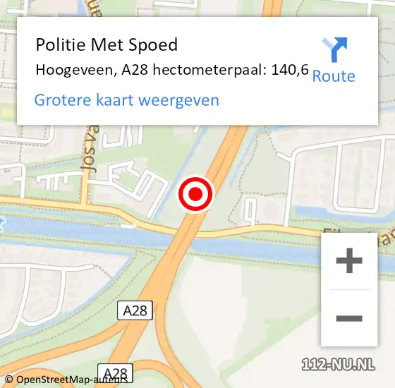 Locatie op kaart van de 112 melding: Politie Met Spoed Naar Hoogeveen, A28 hectometerpaal: 140,6 op 20 november 2022 12:41