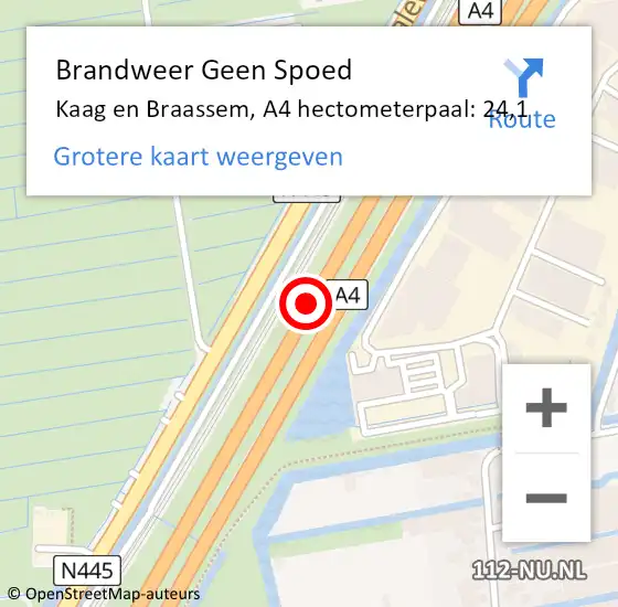 Locatie op kaart van de 112 melding: Brandweer Geen Spoed Naar Kaag en Braassem, A4 hectometerpaal: 24,1 op 20 november 2022 14:14