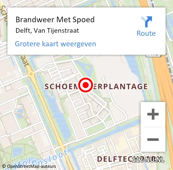 Locatie op kaart van de 112 melding: Brandweer Met Spoed Naar Delft, Van Tijenstraat op 20 november 2022 14:31