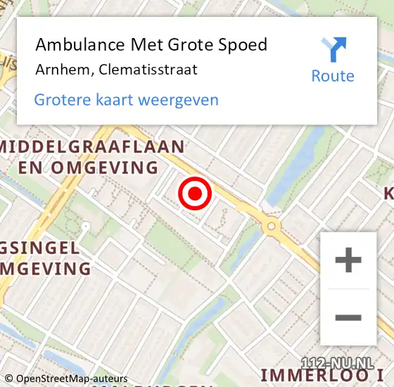 Locatie op kaart van de 112 melding: Ambulance Met Grote Spoed Naar Arnhem, Clematisstraat op 20 november 2022 16:37