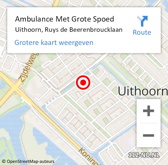 Locatie op kaart van de 112 melding: Ambulance Met Grote Spoed Naar Uithoorn, Ruys de Beerenbroucklaan op 20 november 2022 16:51