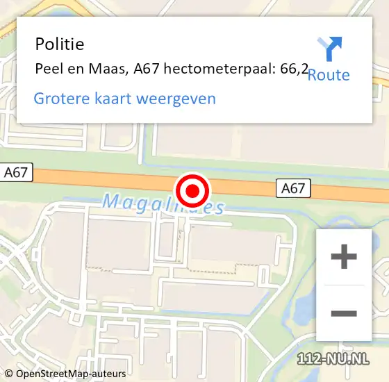 Locatie op kaart van de 112 melding: Politie Peel en Maas, A67 hectometerpaal: 66,2 op 20 november 2022 18:53