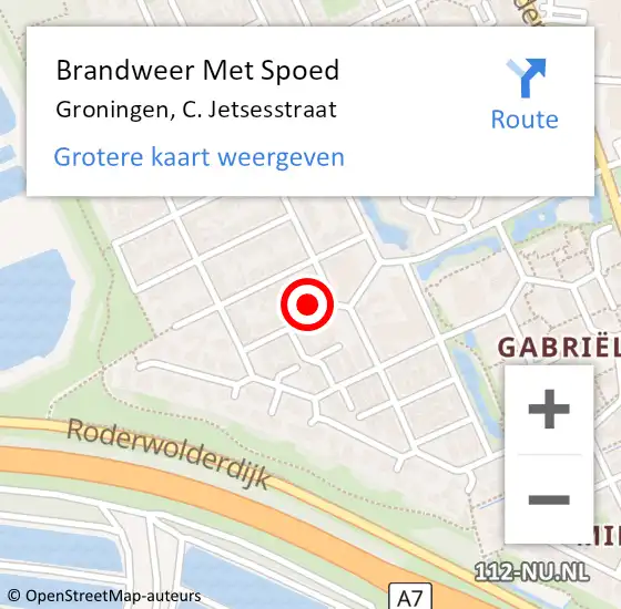 Locatie op kaart van de 112 melding: Brandweer Met Spoed Naar Groningen, C. Jetsesstraat op 20 november 2022 19:18