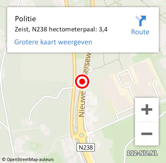 Locatie op kaart van de 112 melding: Politie Zeist, N238 hectometerpaal: 3,4 op 20 november 2022 22:05