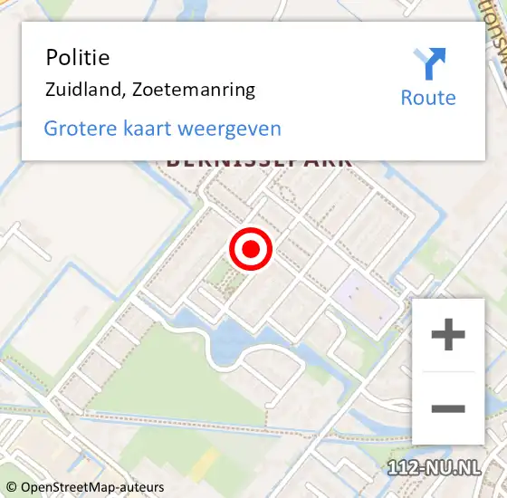Locatie op kaart van de 112 melding: Politie Zuidland, Zoetemanring op 20 november 2022 22:40