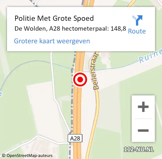 Locatie op kaart van de 112 melding: Politie Met Grote Spoed Naar De Wolden, A28 hectometerpaal: 148,8 op 21 november 2022 04:58