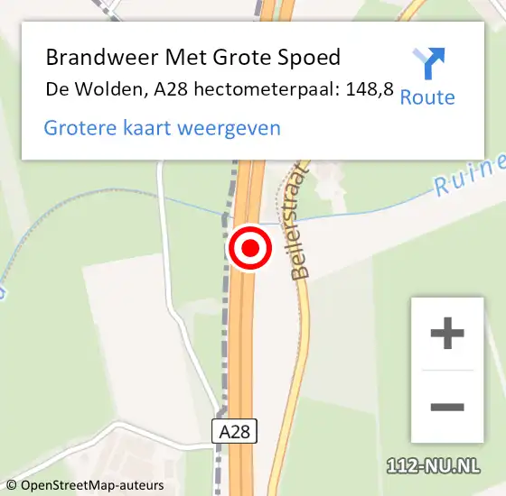 Locatie op kaart van de 112 melding: Brandweer Met Grote Spoed Naar De Wolden, A28 hectometerpaal: 148,8 op 21 november 2022 04:59