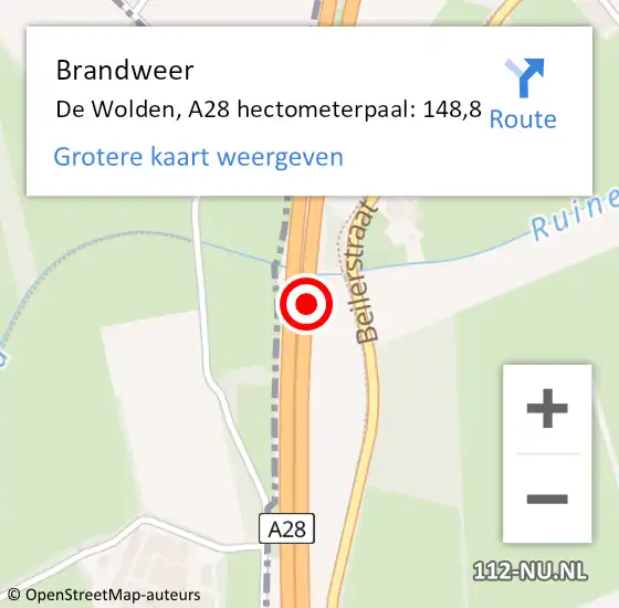 Locatie op kaart van de 112 melding: Brandweer De Wolden, A28 hectometerpaal: 148,8 op 21 november 2022 05:01